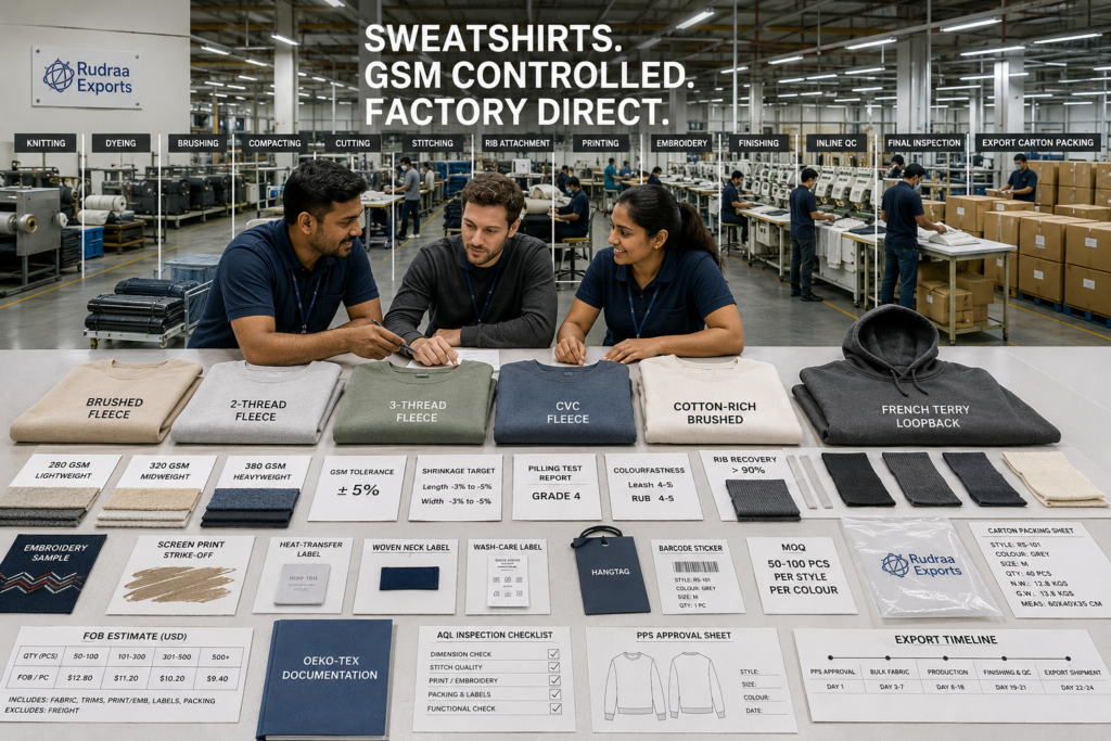 Sweatshirt Manufacturing in India: Fabric, GSM, MOQ and Private Label Guide